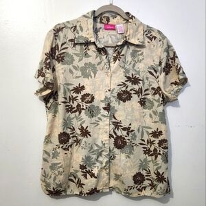 Cappagallo Linen Blend Womens Button-Up Shirt Floral Size Md Brown Green Tan